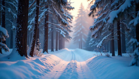 Snow covered road through a winter forest at sunriseの写真素材