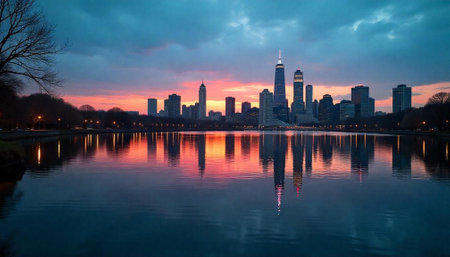 Chicago cityscape reflecting in calm water at vibrant sunriseの写真素材