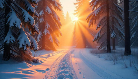 Sunlit snow covered road through a winter forestの写真素材