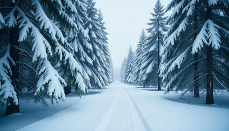 Snowy forest path with tall pine trees perspective viewの写真素材