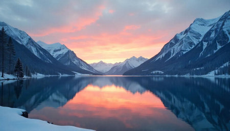 Tranquil mountain lake reflecting sunset colors in winter sceneの写真素材