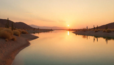 Serene desert lake at sunset reflects scenic landscapeの写真素材