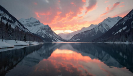 Mountain lake reflecting sunrise clouds in pristine winter sceneryの写真素材
