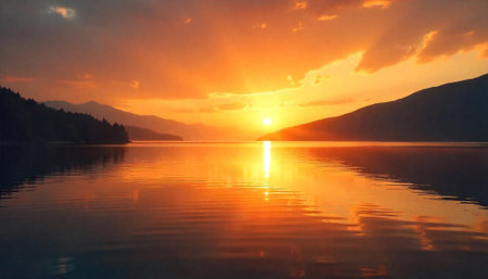 Golden Sunset Over Tranquil Lake Between Mountains Landscape Photographyの写真素材