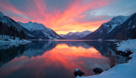 Tranquil lake at sunrise mirroring the snowy mountain rangeの写真素材