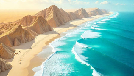 Aerial view of scenic desert coastline with turquoise oceanの写真素材