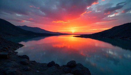 Dramatic sunset over a serene mountain lake landscapeの写真素材