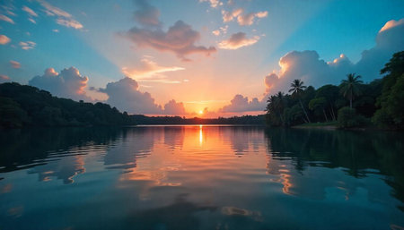 Peaceful sunset reflection on calm lake surrounded by natureの写真素材