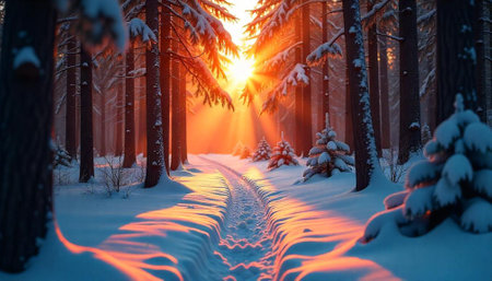 Sunlit winter forest path with snow-covered treesの写真素材