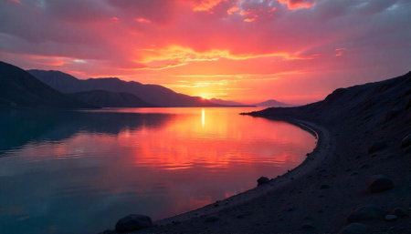 Vibrant sunset reflecting on calm lake surrounded by mountains