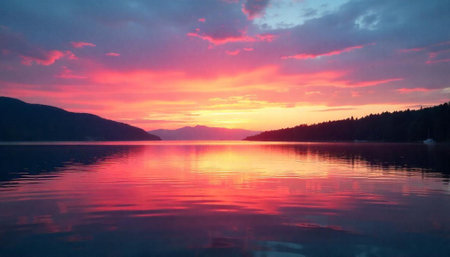 Lake reflects a vibrant sunset over the distant mountainsの写真素材