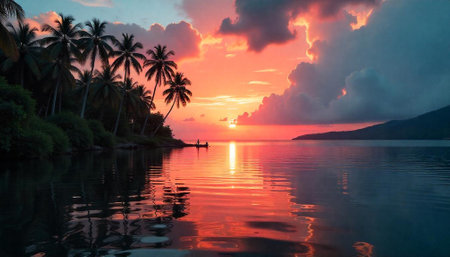 Tropical sunset with palm trees casting shadows over oceanの写真素材