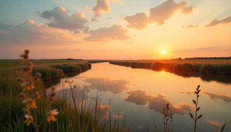 Tranquil sunset over marshland river reflecting sky cloudsの写真素材