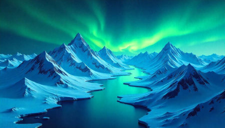 Majestic mountains landscape with auroras and reflection on water