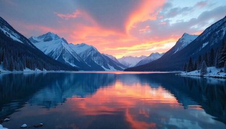 Lake and mountain landscape at dusk, winter serene sceneの写真素材