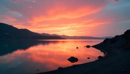 Serene lake reflecting vibrant sunset colors with distant mountains