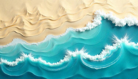 Aerial view of waves crashing on a sandy beachの写真素材