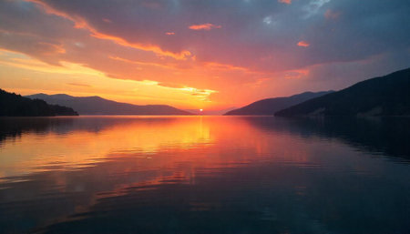 Vibrant sunset reflecting over calm lake surrounded by mountainsの写真素材