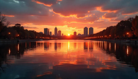 City skyline reflecting in water during a vibrant sunsetの写真素材