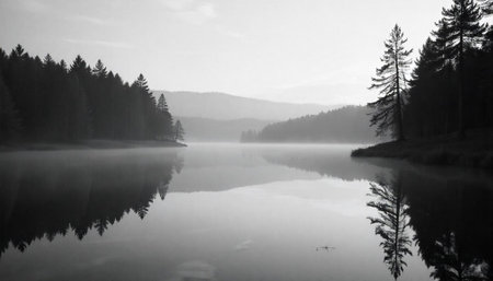 Black and white landscape of mountain lake at dawnの写真素材