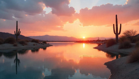 Desert lake at sunset with cacti and reflectionsの写真素材