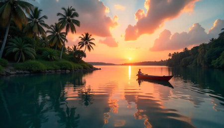 Tropical sunset with boat, palm trees, water reflections, and cloudsの写真素材