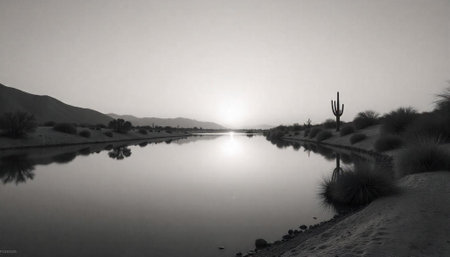 Monochrome Arizona Landscape Reflection of Mountains and Cactus Imageの写真素材