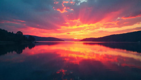 Dramatic sunset over calm lake water with mountain silhouettesの写真素材