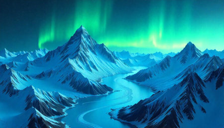 Breathtaking aurora over icy mountains and winding riverの写真素材