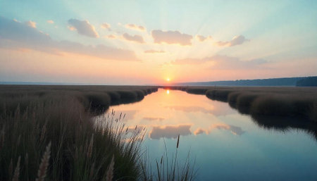 Serene sunset over a tranquil waterway with tall grass