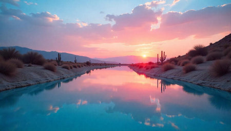 Desert sunset reflecting on serene river with cactus silhouettesの写真素材