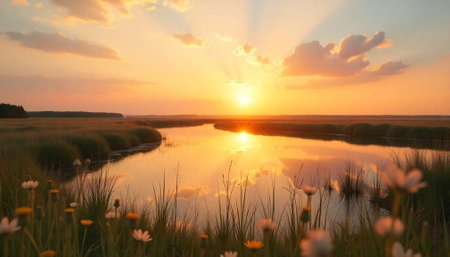 Tranquil sunset reflecting over river with wildflowers in foregroundの写真素材