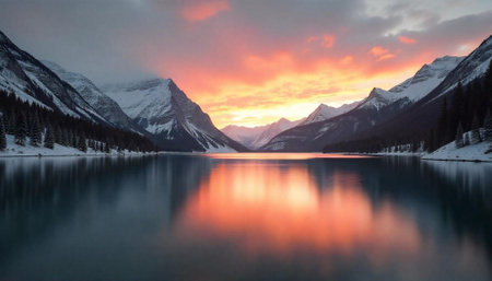 Serene mountain lake reflection at sunset or sunrise sceneの写真素材
