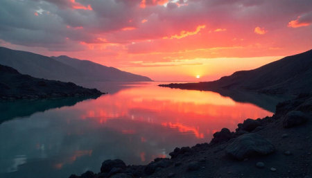 Serene lake sunset reflecting mountains under vibrant orange sky