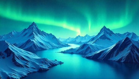 Breathtaking Aurora Borealis over Snow Capped Mountains and Lakeの写真素材