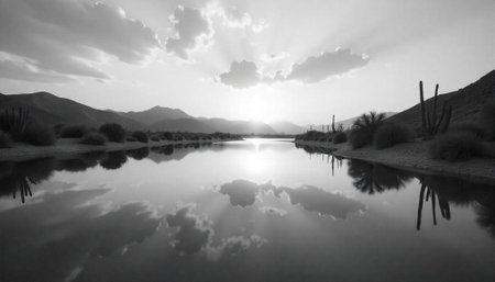 Monochrome desert landscape with water and cloudy skiesの写真素材
