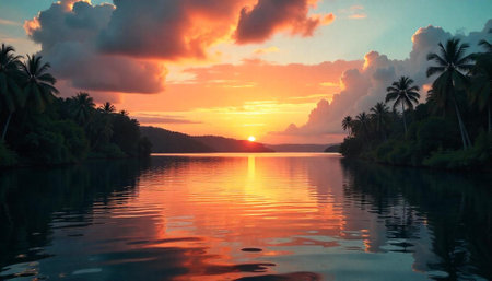Tropical sunset over still water reflects vibrant sky colorsの写真素材