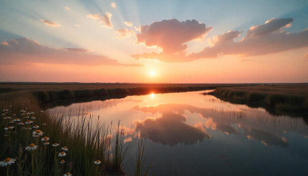 Serene sunset over a calm river with daisy foreground