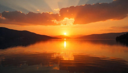Serene lake sunrise with vibrant colors reflecting in waterの写真素材