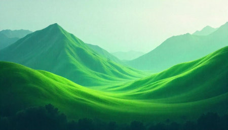 Lush green hills and mountains in serene landscape illustrationの写真素材