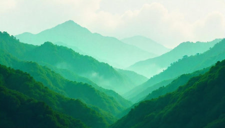 Green mountain range vista landscape with atmospheric perspective effect