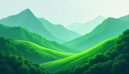 Lush green hills and mountains with a tranquil moodの写真素材