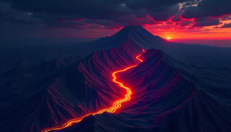 Lava stream meandering through mountains at dramatic sunriseの写真素材