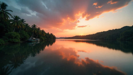 Peaceful lake landscape with stunning sunset reflection on waterの写真素材