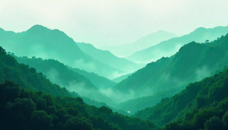 Lush mountain range disappearing into the misty horizon scene