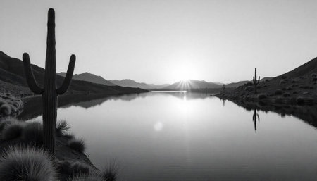 Monochrome Desert Lake Sunrise: Peaceful Reflections of the Southwestの写真素材
