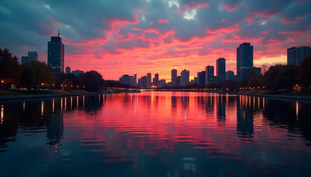 Urban skyline mirrored in water at dramatic sunset hour