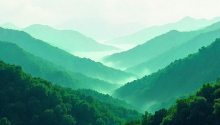 Green mountain range panorama shrouded in mist and fog