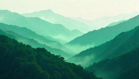 Misty Mountain Ranges Layered in Shades of Green Serenityの写真素材