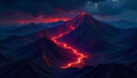 Volcanic eruption flowing through the mountain range landscape